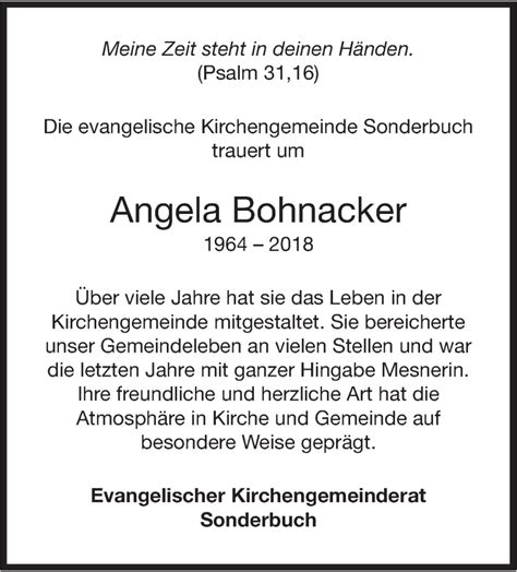 Traueranzeigen Von Angela Bohnacker S Dwest Presse Trauer