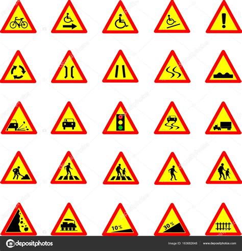 Set Road Warning Signs Road Signs Warn About The Situation Of Traffic Rules Vector Red