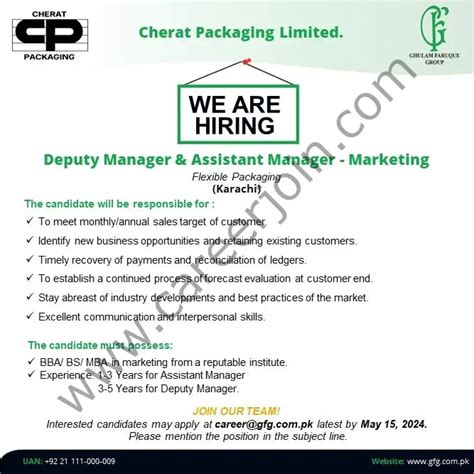 Cherat Packaging Pvt Ltd Jobs Deputy Manager Assistant Manager Marketing