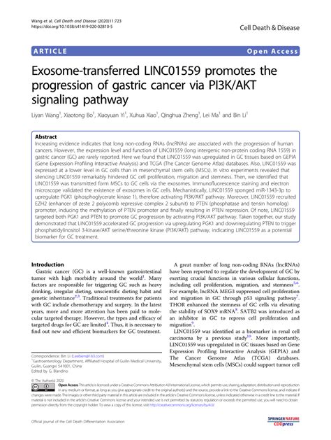 Pdf Exosome Transferred Linc Promotes The Progression Of Gastric