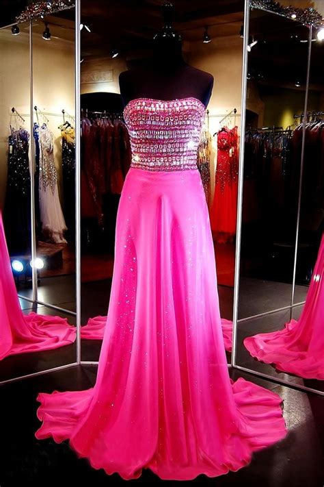 Sheath Strapless Long Hot Pink Chiffon Rhinestone Beaded Prom Dress