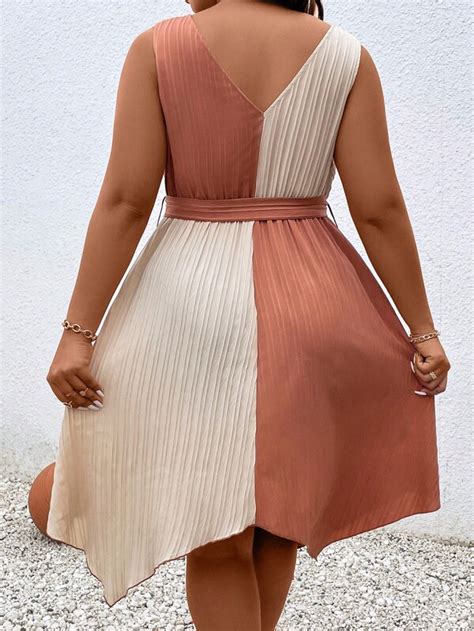 Plus Two Tone Asymmetrical Hem Belted Dress Shein Usa