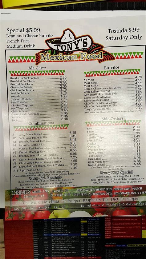 Menu at Tony's Mexican Food restaurant, San Bernardino