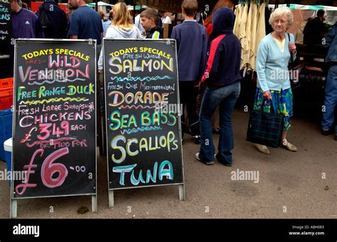 Ludlow Market Chalkboards Outside Food Stall At Ludlow Shropshire