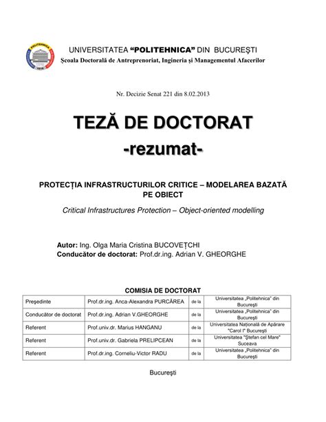 PDF PROTECȚIA INFRASTRUCTURILOR CRITICE MODELAREA BAZATĂ PE OBIECT