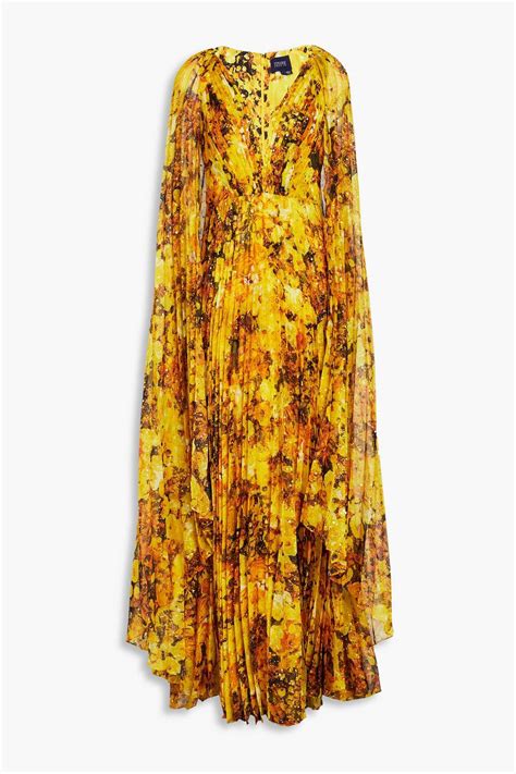 MARCHESA NOTTE Cape Effect Pleated Floral Print Chiffon Gown THE OUTNET