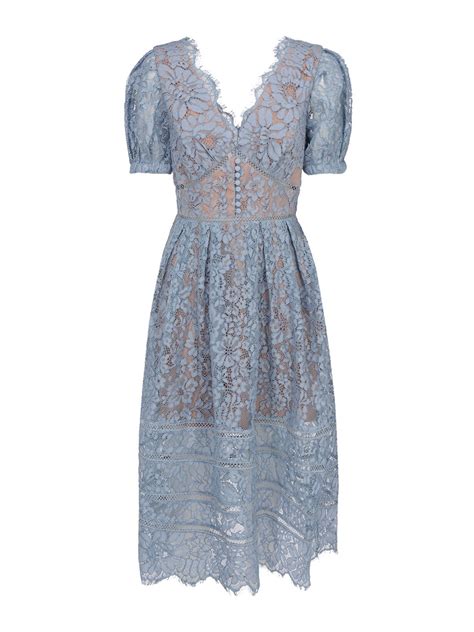 Knee Length Dresses Self Portrait Light Blue Lace Midi Dress