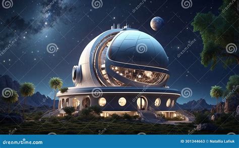 Modern Observatory Building Night Sky With Stars On The Background