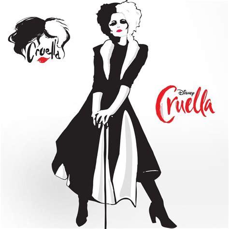 a woman in black and white dress standing next to a sign that says cruella