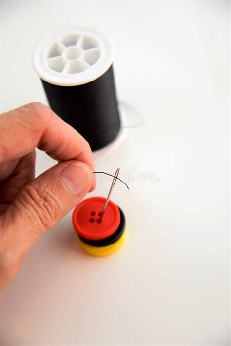 Hand Threading Needle Into Sewing Needle Stock Photo Image Of