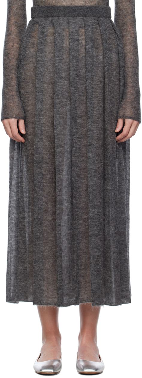 AURALEE Gray Pleated Midi Skirt SSENSE