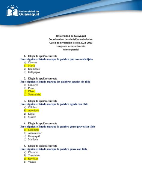 I Parcial Lenguaje Examen Universidad de Guayaquil CoordinaciÛn de