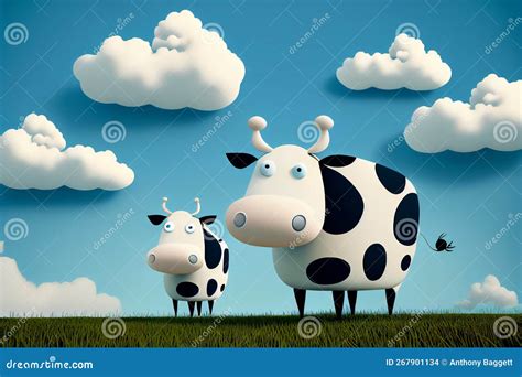 Cartoon Of Black And White Holstein Friesian Cows Standing In A Green