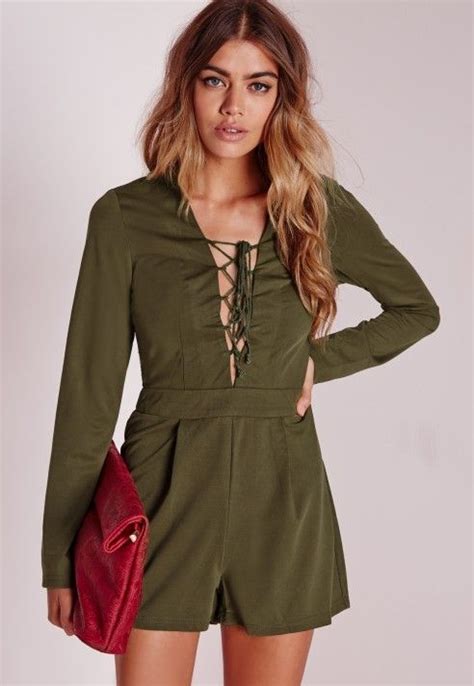 Missguided Long Sleeve Lace Up Front Playsuit Khaki Trending