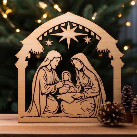 Escena de natividad de madera arrafada con un bebé jesús en un pesebre