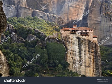 Hanging Monastery At Meteora Of Kalampaka In Greece During Sunset Stock