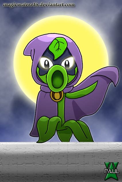 A Cartoon Character In A Purple Outfit With Green Leaves On Its Head