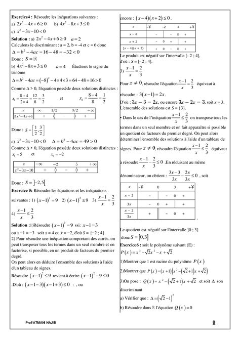 Quations Et In Quations Du Nd Degr Cours Et Exercices Corrig S