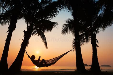 Woman In Hammock On The Beach Stock Photo Image Of Destinations Dusk