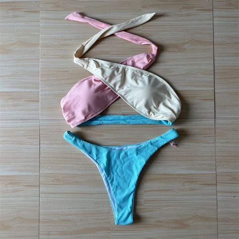 Tricolor Crossover Bikini Women S Fashion Swimwear Bikinis Swimsuits On Carousell