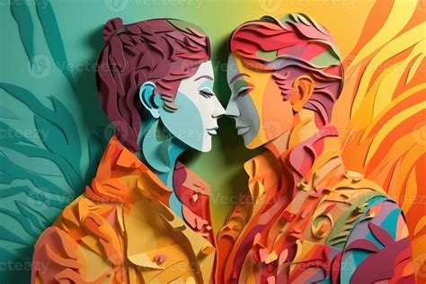 Lesbian Couple Hugging Each Other Illustration In Paper Art Style For