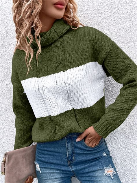 SHEIN Essnce Pull à blocs de couleurs à col montant en tricot torsadé