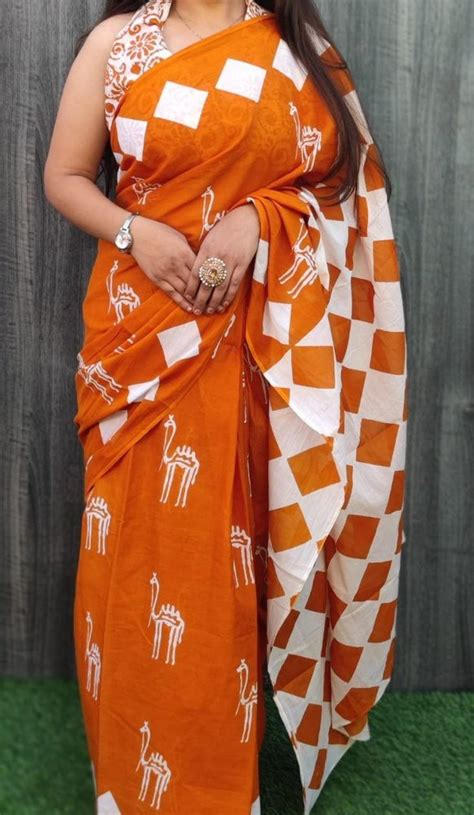 Bagru Hand Block Printed Cotton Mul Mul Saree M With Blouse Piece