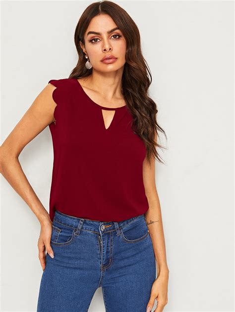 Borgonha Scallop Simples Elegante Blusas Shein