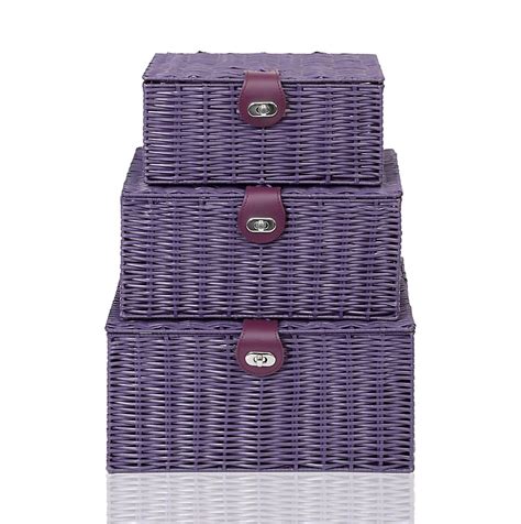 Arpan Set Of 3 Resin Woven Storage Basket Box With Lid And Lock Purple