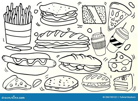 Set Of Hand Drawn Food Isolated On White Background Doodle Set Of Fast