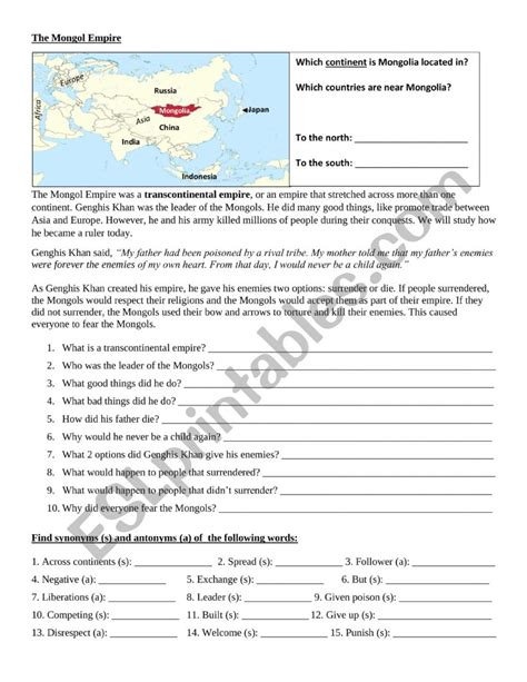 The Mongol Empire Reading Comprehension Esl Worksheet By Borotraj