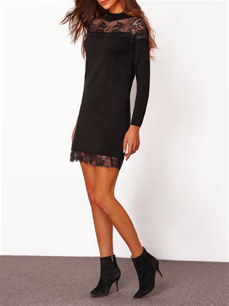 Vestido Cuello Mock Encaje Negro Spanish Shein Sheinside