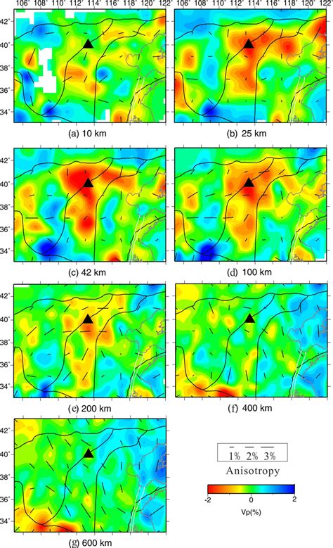 Map Views Of P Wave Anisotropic Tomography At Seven Depths Obtained By