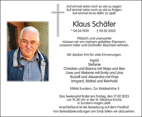 Traueranzeigen von Klaus Schäfer Trauer in NRW de