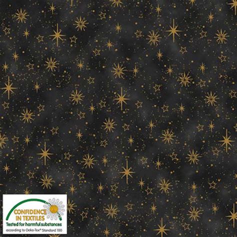 Stof Star Sprinkle Different Stars Black Gold Cotton Fabric By The Yard