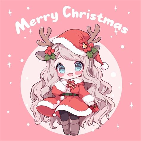 Lindo Kawaii Anime Santa Chica Feliz Navidad Dibujos Animados Ilustración Dibujo Vector Vector