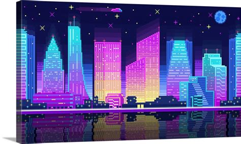 Pixelated Neon City Landscape At Night Wall Art Canvas Prints Framed