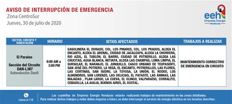 EEH anuncia cortes de energía para este jueves LTV