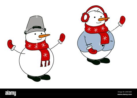 Set Of Snowman With Hat And Scarf Isolated On White Background Hand