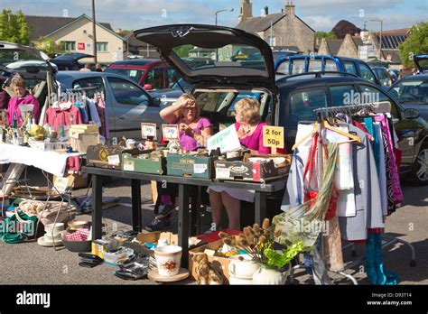 People Selling Items At A Car Boot Sale In Cowbridge South Wales Stock