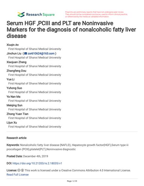 PDF Serum HGF PCIII And PLT Are Noninvasive Markers For The