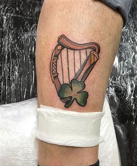 Traditional Irish Harp With Shamrock Americana Tattoo Shamrock