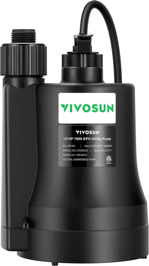 Vivosun 13hp Submersible Sump Pump Compact Utility Water Pump With 1980gph And 10ft Cable