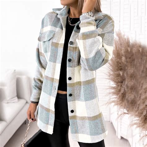 Shacket Jacket Women Casual Flannel Plaid Long Sleeve Lapel Button Down Shirts Fall Wool Blend