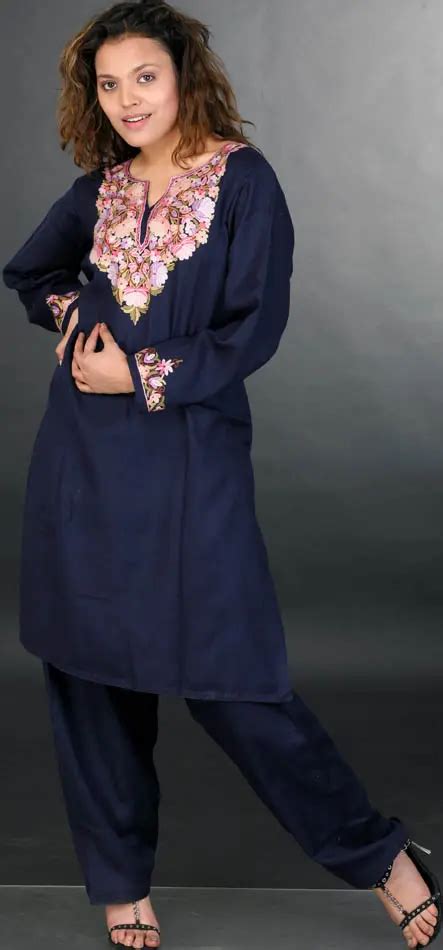 Midnight Blue Kashmiri Two Piece Salwar Kameez With Aari Embroidery