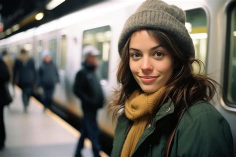 Una Mujer Está Parada Frente A Un Tren Subterráneo Foto Premium