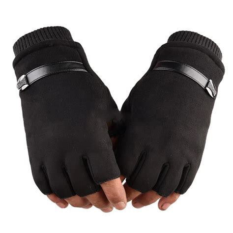 Winter Warm Gloves Men Fingerless Suede Leather Gloves Driving Cycling