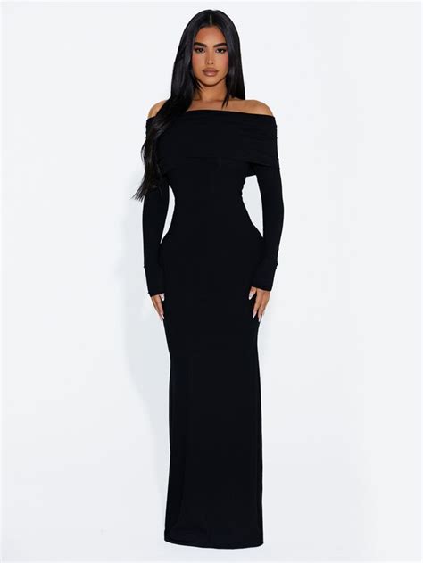 Off Shoulder Ribbed Maxi Dress Black Dresses Classy Black Dress