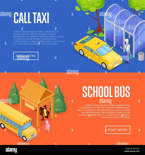 Taxi And School Bus Station Isometric 3D Posters Stock Vector Image