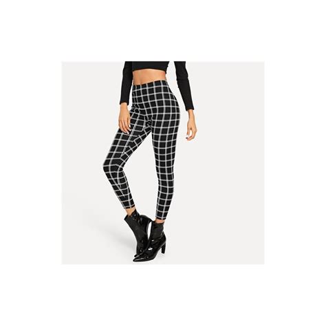 Shein Czarny Szeroki Talii Plaid Legginsy Eleganckie Biuro Lady Skinny